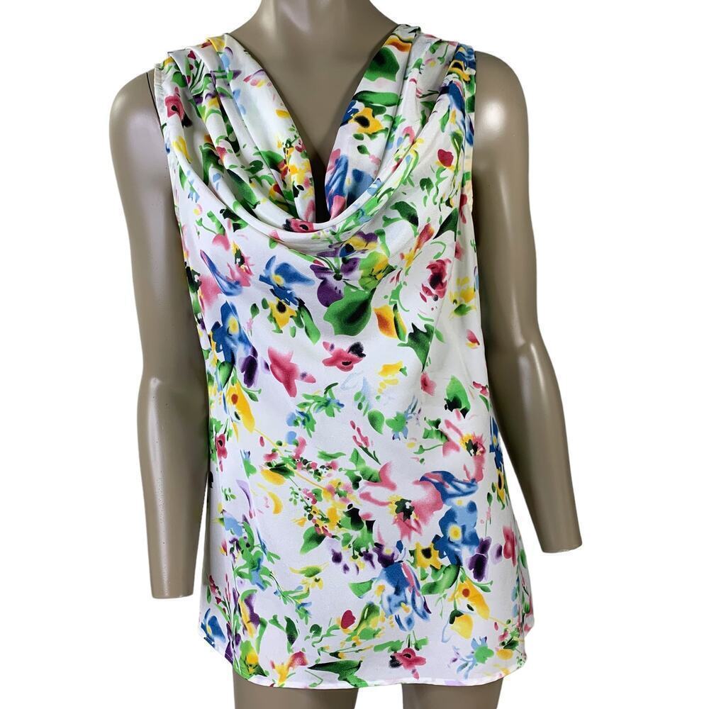 Chadwicks Floral Draped Cowl Neck Tops Women Size L Sleeveless Chiffon Blouse